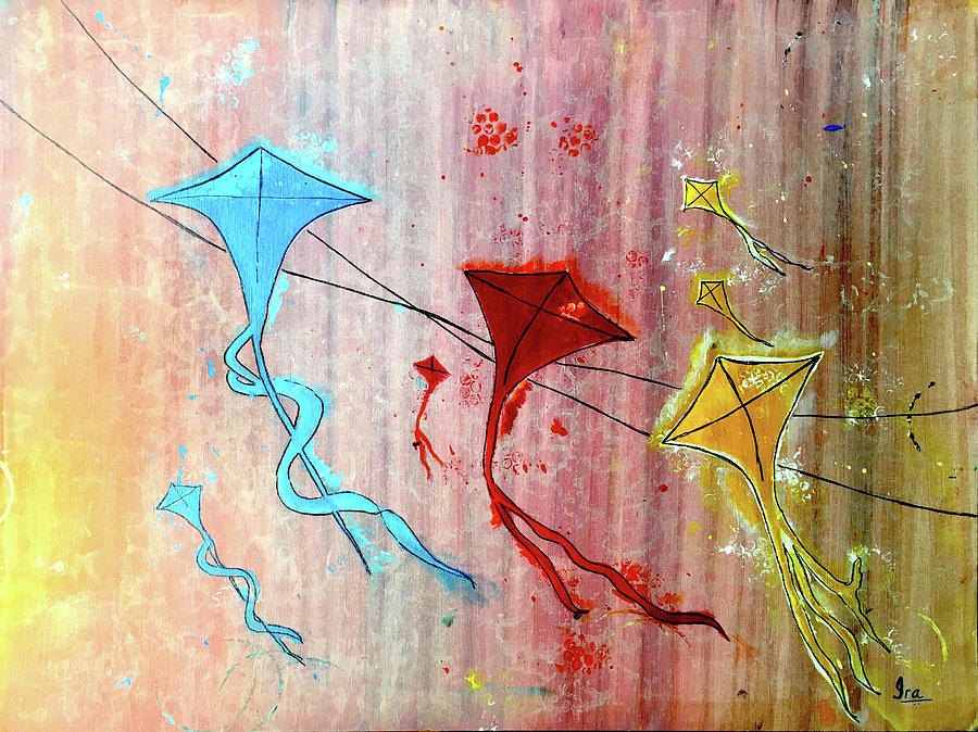 900x674 Kite Flying Painting By Ira Bansal - Kite Flying Painting