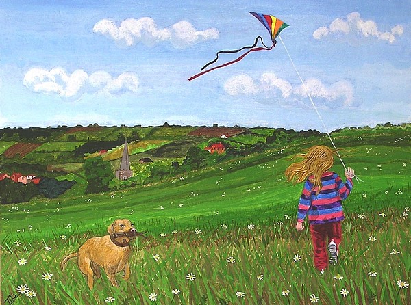 600x446 Kite Flying Painting By Tracey Kemp - Kite Flying Painting