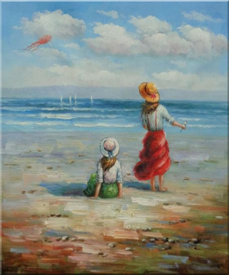 456x547 Two Girls Flying Kite Joyfully On Beach Oil Painting Portraits - Kite Flying Painting