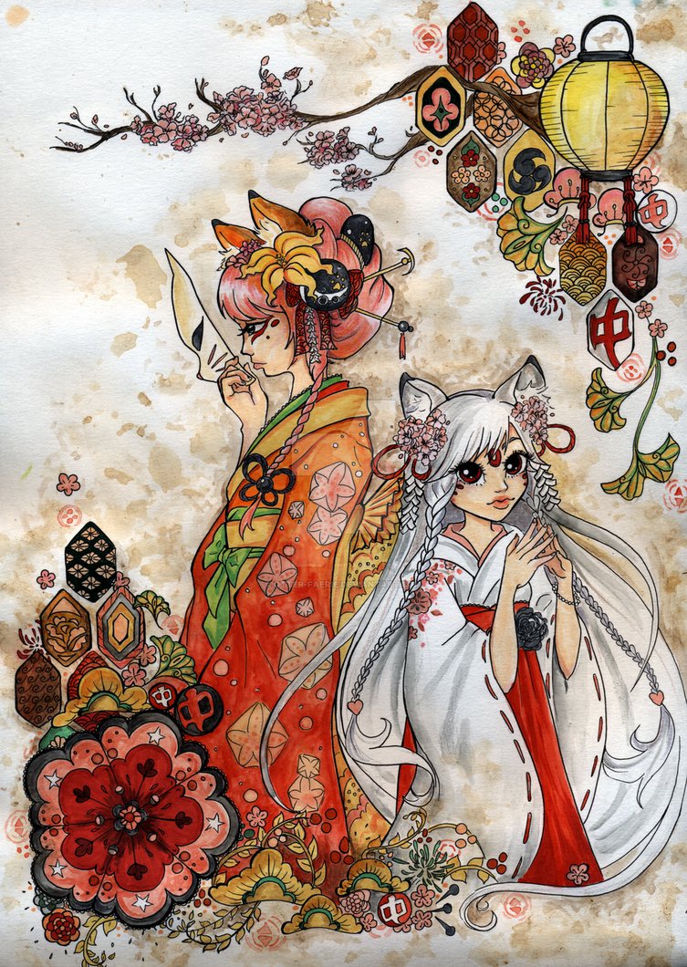 753x1060 Kitsune Sisters Painted By Otter Faerie - Kitsune Painting