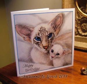 300x287 Siamese Cat Amp Kitten Painting Art Birthday Card Original Design - Kitten Painting