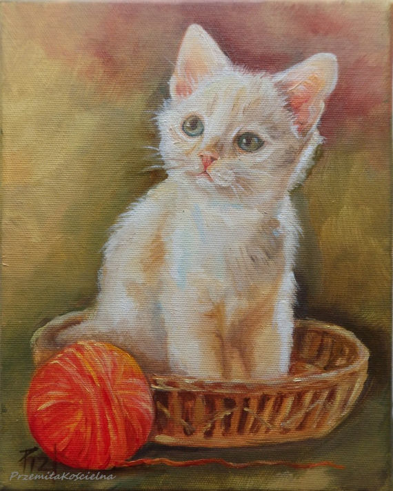 570x713 White Cat Portrait Original Oil Painting On Canvas Kitten - Kitten Painting