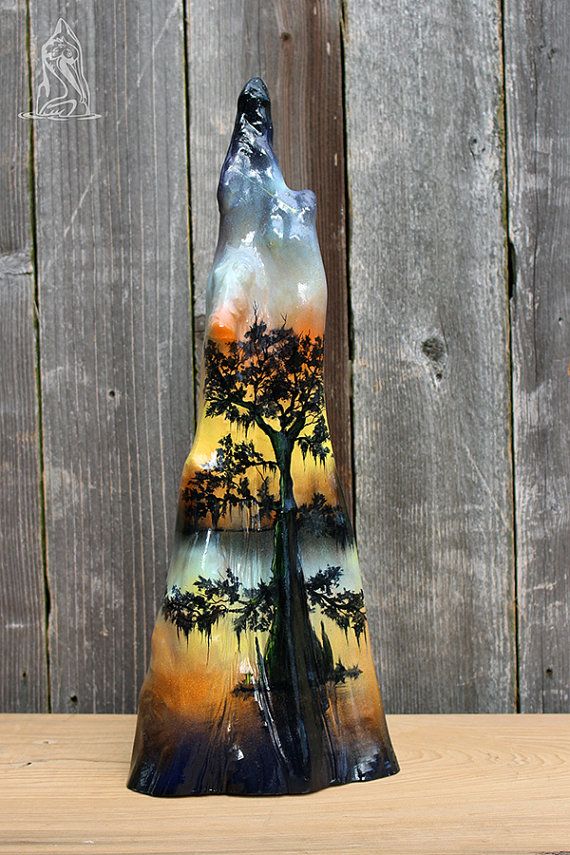 570x855 Hand Painted Louisiana Cypress Knee With Bayou, Sunset, Cypress - Knee Painting