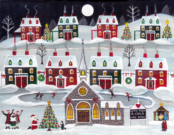 600x464 Folk Art Painting Print Kneeling Santa Church Christmas Eve - Kneeling Santa Painting