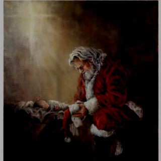 320x320 Santa Kneeling At The Manger Print - Kneeling Santa Painting