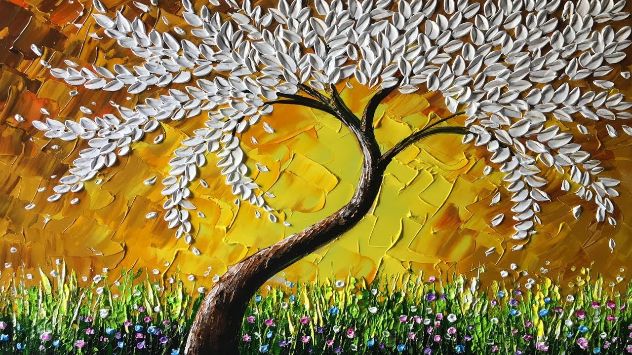 1280x720 Paint A White Leaves Tree With Palette Knife - Knife Painting