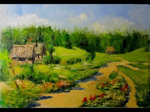 480x360 Countryside Landscape. Knife Painting, How To Oil Paint Village - Knife Painting Landscape