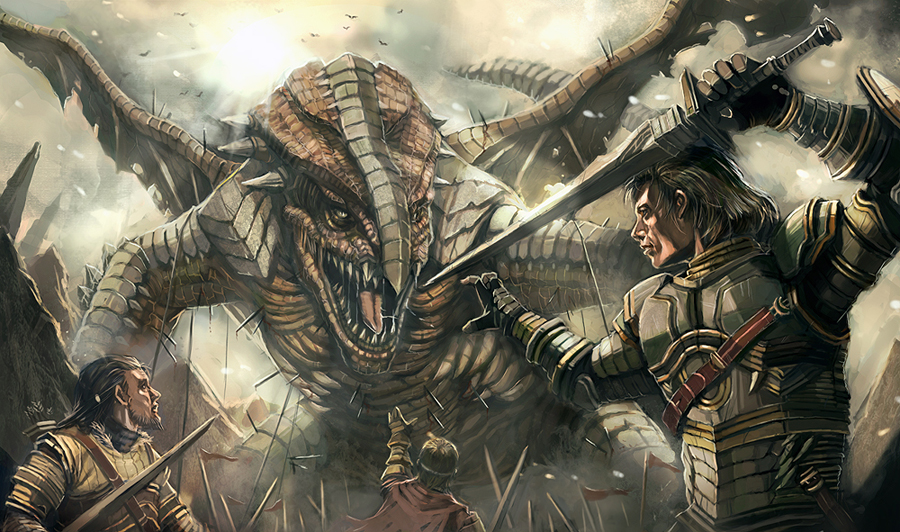 900x532 Three Knights,e Dragon By Longai - Knight Vs Dragon Painting