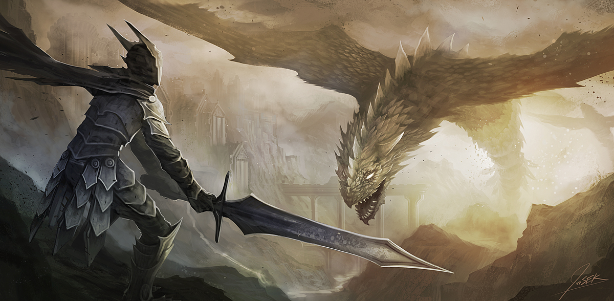 1200x588 Dragon Knight By Jsek - Knight Vs Dragon Painting