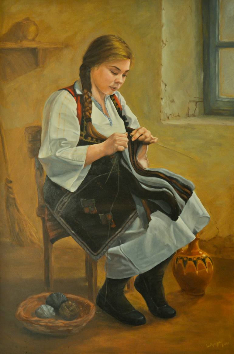 770x1165 Saatchi Art Woman Knitting Painting By Predrag Ilievski - Knitting Painting