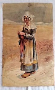 182x300 Watercolor Painting (3) Colonial Dutch Woman Knitting On Beach - Knitting Painting