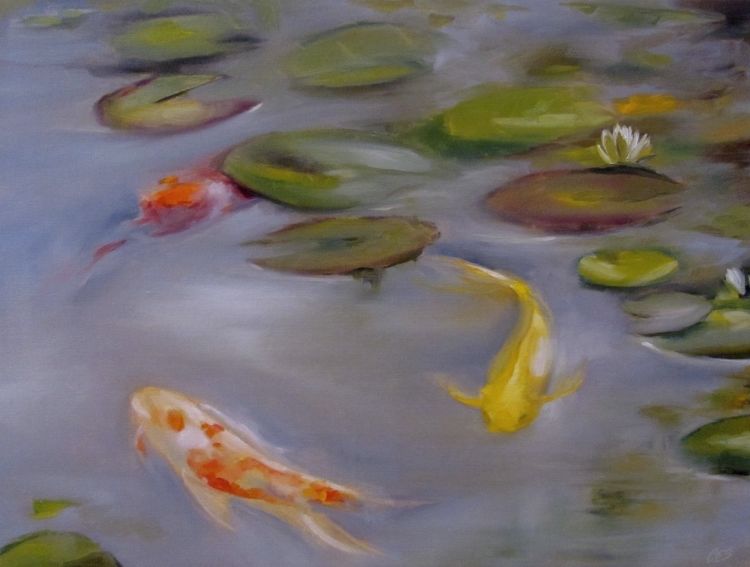 750x567 Koi Fish Original Oil Painting Ces - Koi Fish In Pond Painting