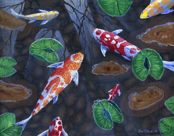 600x469 Koi Fish Pond Painting - Koi Fish In Pond Painting
