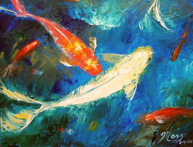 650x497 Koi Fish Pond By Mazz Original Paintings - Koi Fish In Pond Painting
