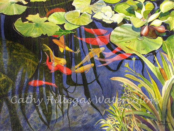570x429 Koi Fish Art Watercolor Painting Print By Cathy Hillegas - Koi Fish In Pond Painting