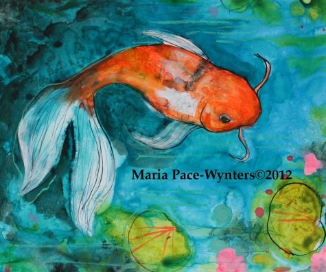 475x397 Painting Of Koi Fish - Koi Fish In Pond Painting