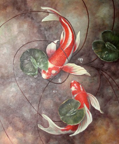 413x500 Cheap Red Koi Fish In Lily Pond Oil Painting On Stretched Canvas - Koi Fish Oil Painting