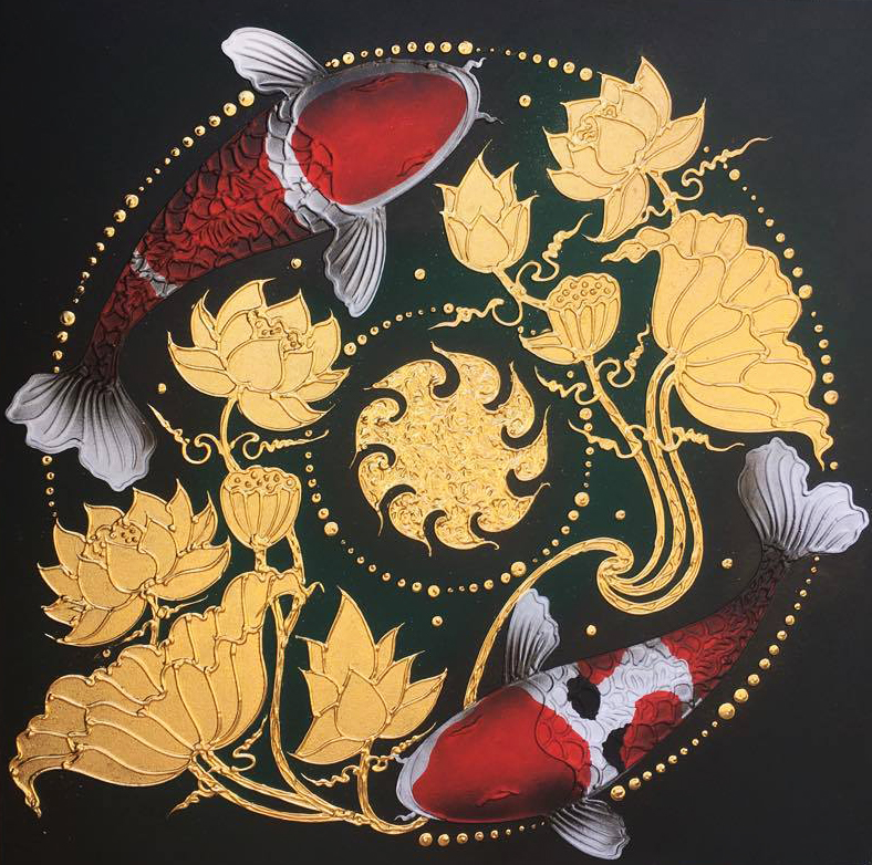 788x782 Koi Fish Painting With Golden Lotus By Famous Artists Royal Thai Art - Koi Fish Painting