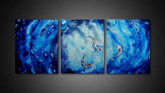 570x321 Koi Fish Paintings Blue Wall Art 3 Piece Canvas Art Large - Koi Fish Painting On Canvas