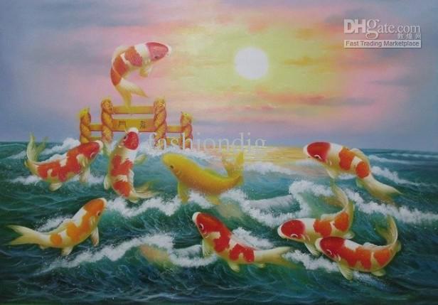 616x429 Koi Jumping Painting Art Feng Shui Fish Oil Painting Sunrise Hand - Koi Fish Painting On Canvas