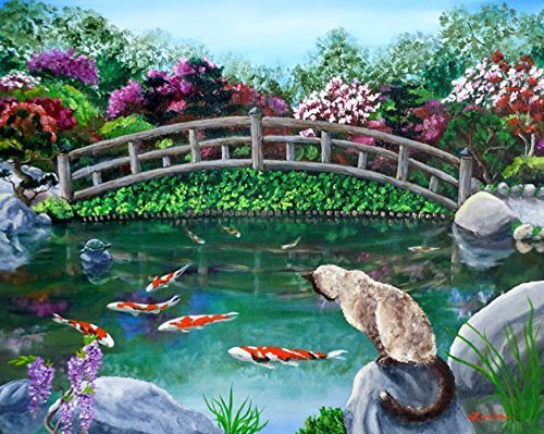 500x399 Balinese Cat Japanese Garden Koi Fish Pond Bridge - Koi Fish Pond Painting