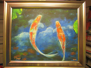 300x225 Colorful Original Oil Painting Koi Fish Pond Clouds Art Mazz 16 X - Koi Fish Pond Painting