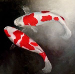 300x299 Koi Painting Original Oil Painting Ces Fish Red White Black Gray - Koi Oil Painting