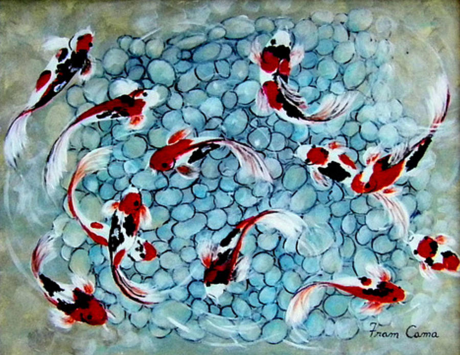 900x694 Koi Pond Painting By Fram Cama - Koi Pond Painting