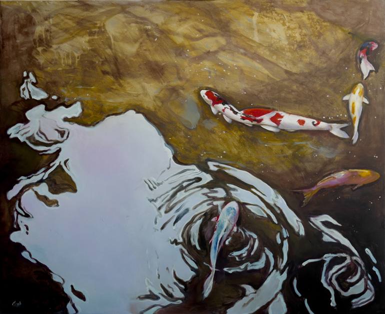 770x629 Saatchi Art Koi Pond In Happo En Garden Painting By Boglarka Nagy - Koi Pond Painting