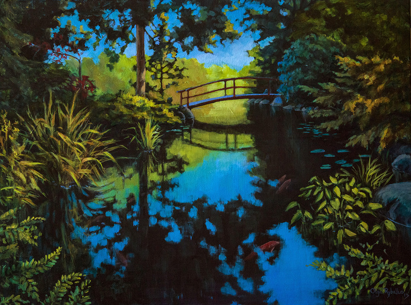 800x594 Bridge Over The Koi Pond By Olga Rybalko, Canvas - Koi Pond Painting