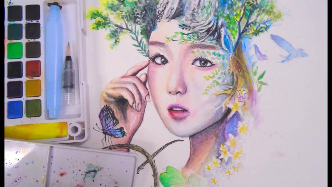1280x720 Painting Forest Girl With Sakura Koi Watercolor Speed Art - Koi Watercolor Painting