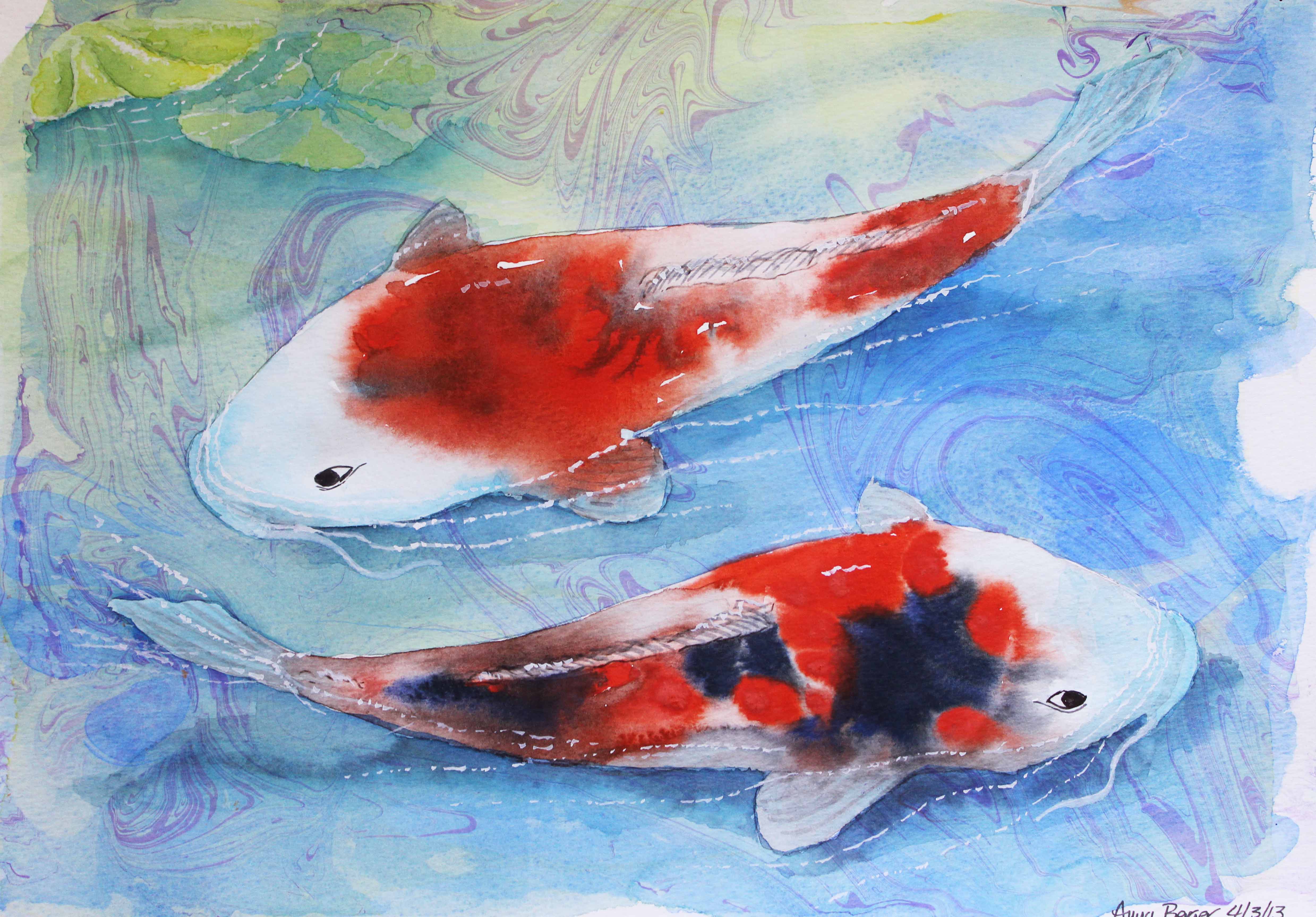 4956x3456 Watercolor Swimming Koi Art By Anna - Koi Watercolor Painting
