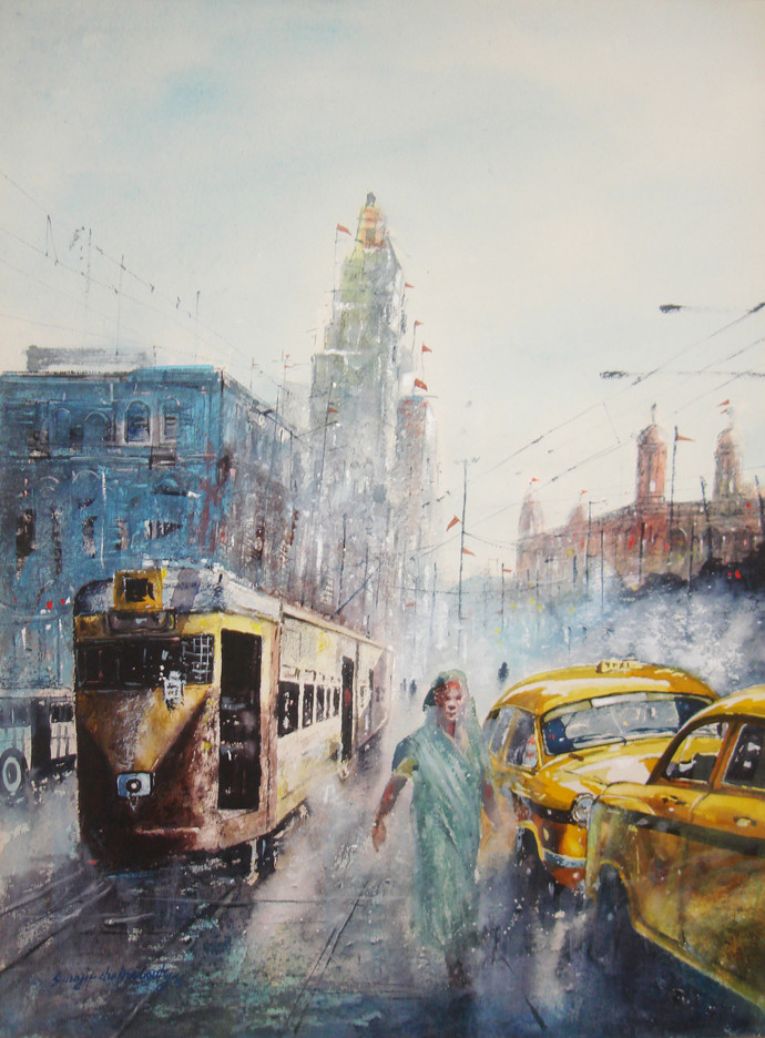690x936 Kolkata Tram And Taxi By Artist Surajit Chakraborty - Kolkata Painting