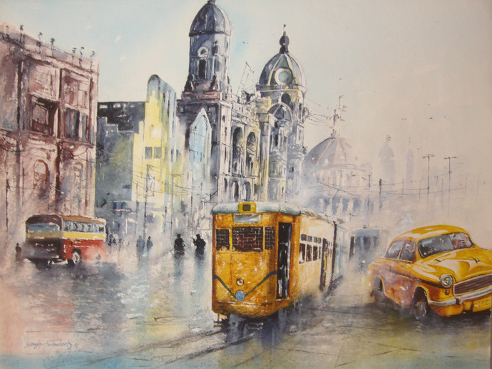 690x518 Kolkata Tram And Taxi 1 By Artist Surajit Chakraborty - Kolkata Painting