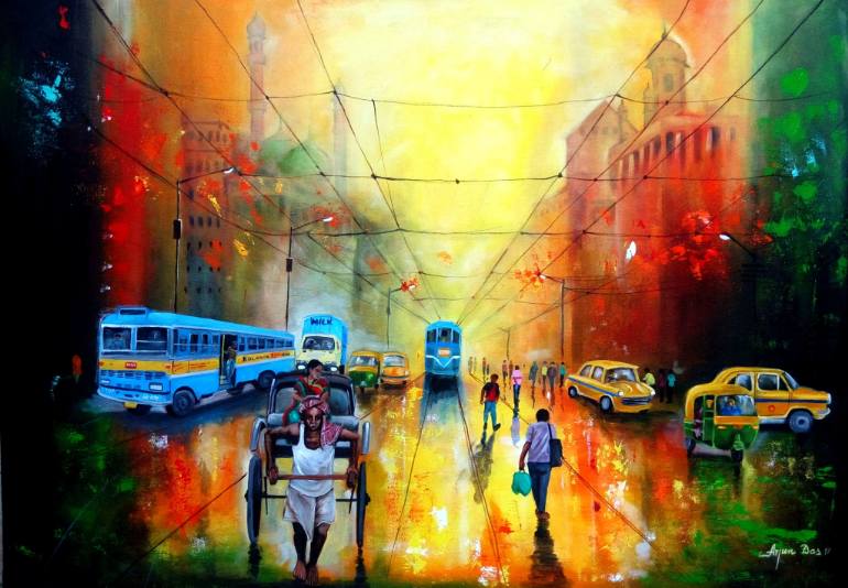 770x534 Saatchi Art Rainy Day In Kolkata Painting By Arjun Das - Kolkata Painting