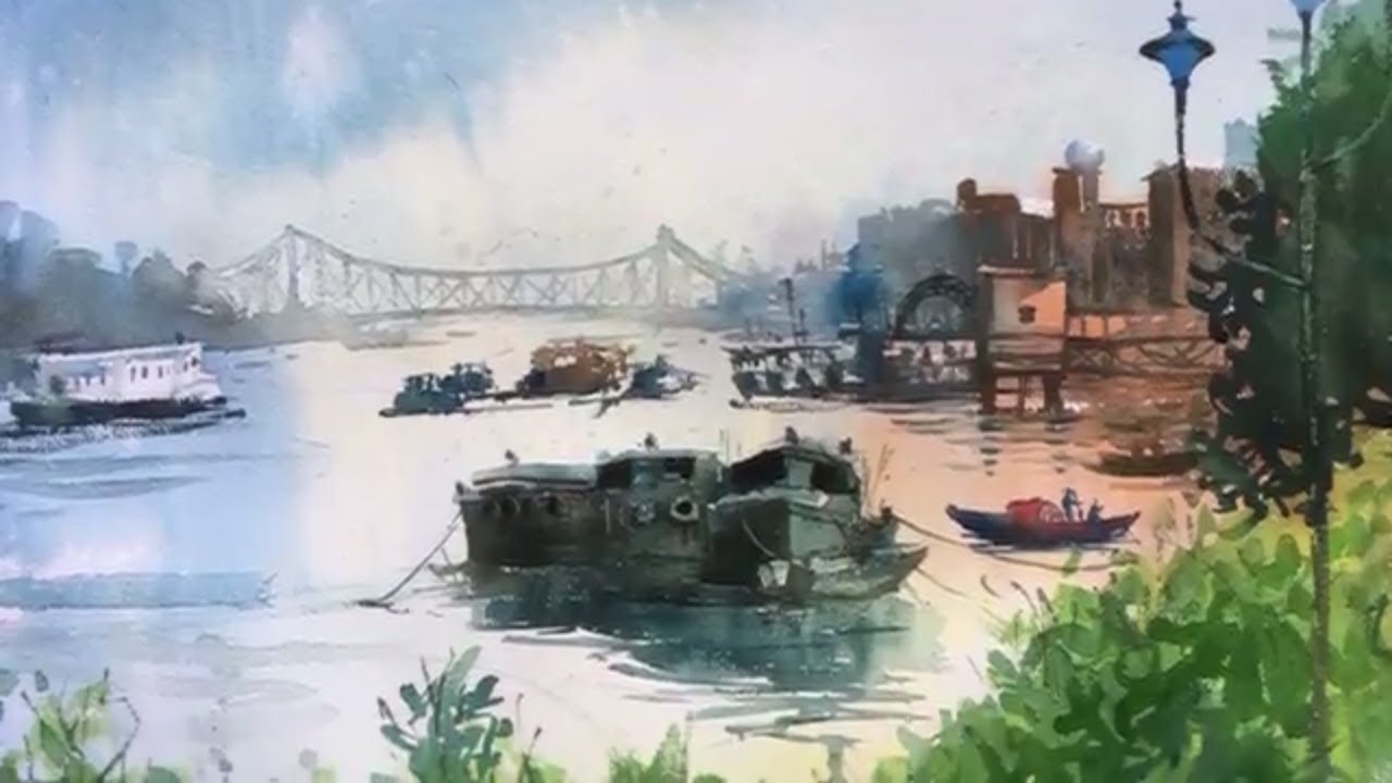 1280x720 Watercolor Painting Of Hawrah Bridge - Kolkata Painting
