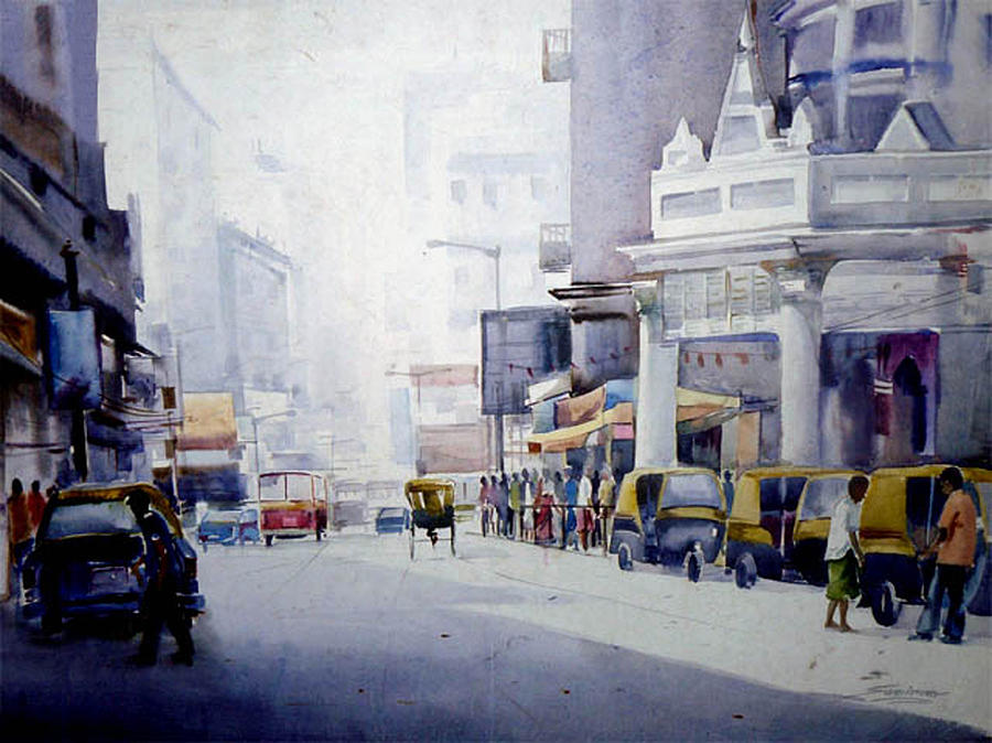 900x674 Busy Street In Kolkata Painting By Samiran Sarkar - Kolkata Painting