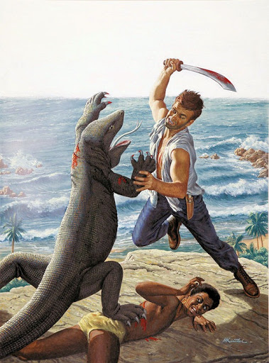 379x512 Men's Adventure Magazines Bloodthirsty Baboons, A Transgendered - Komodo Dragon Painting