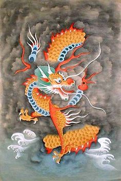 236x353 Antique Korean Dragon Scroll Painting Framed - Korean Dragon Painting