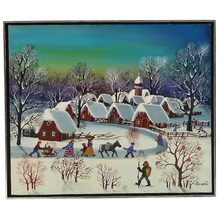 740x740 Folkrt Primitive Winter Scene Oil Painting By Naivertist - Kowalski Painting