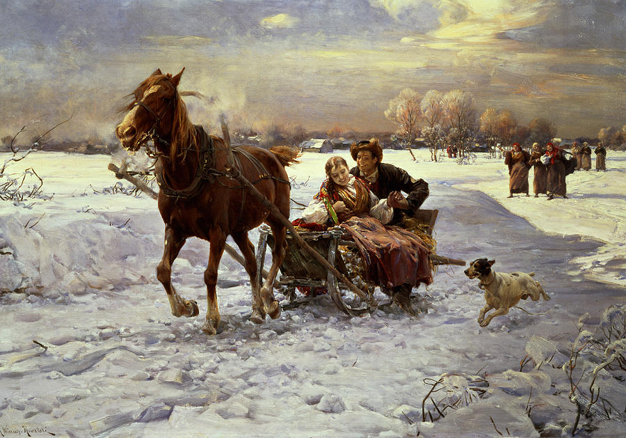900x629 Lovers In A Sleigh Painting By Alfred Von Wierusz Kowalski - Kowalski Painting