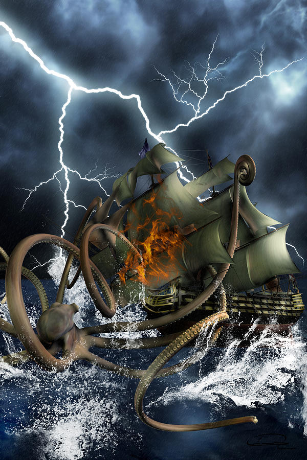 600x900 Wrath Of Kraken Painting By Emma Alvarez - Kraken Painting