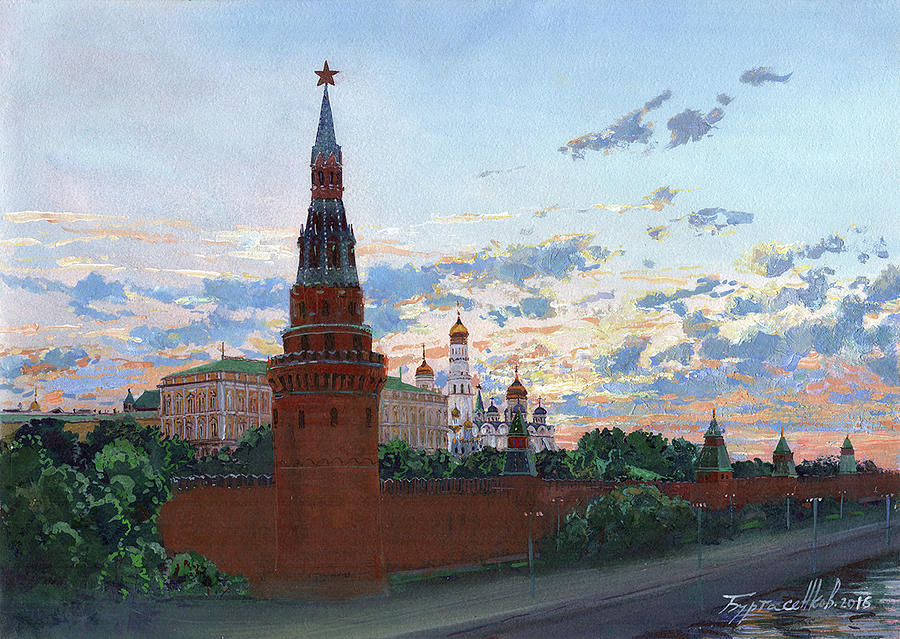 900x639 Sunrise Over The Moskva Tower Painting By Alexey Burtasenkov - Kremlin Painting