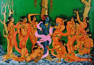 300x209 Lord Krishna With Gopis Painting By Narayanankutty Kasthuril - Krishna And The Gopis Painting