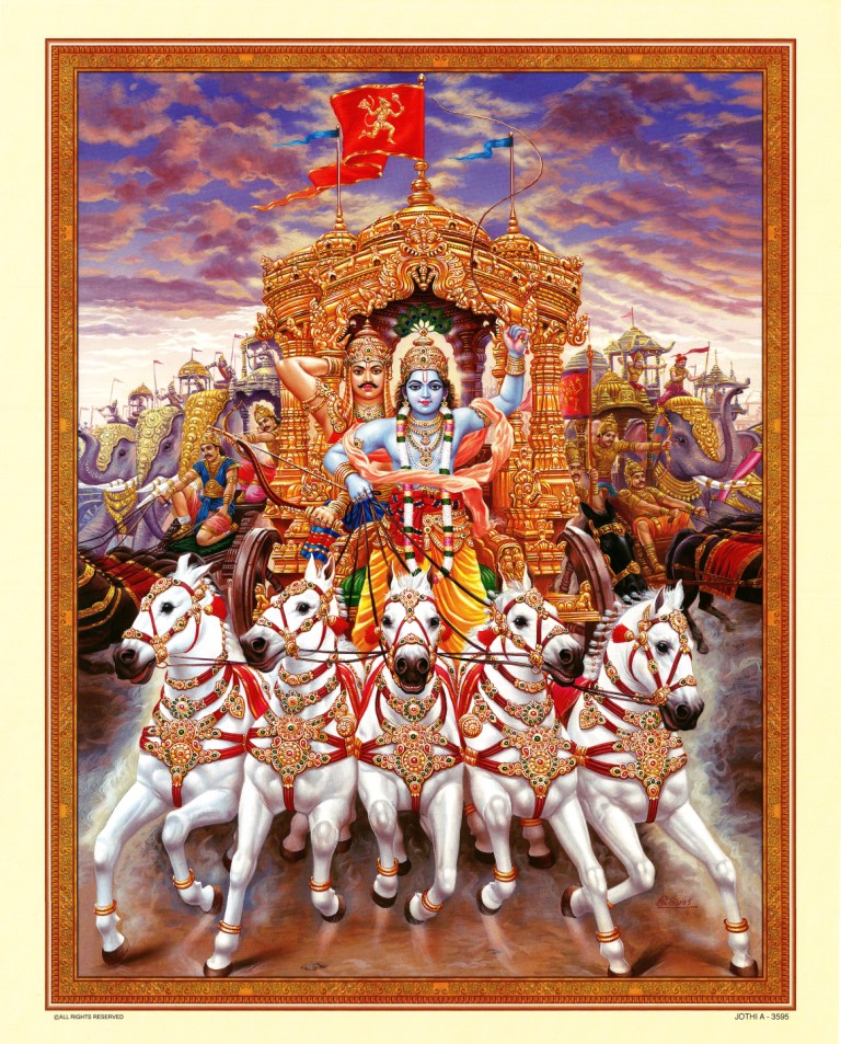 768x953 The Divine Upholder Of All Story From Mahabharata The Fight - Krishna Arjuna Chariot Painting