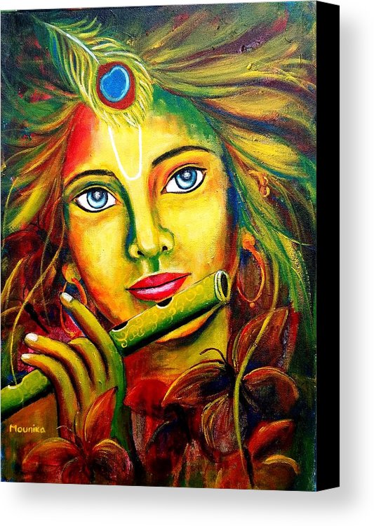 533x750 Krishna With Flute And Butterflies Original Indian Contemporary - Krishna Painting On Canvas