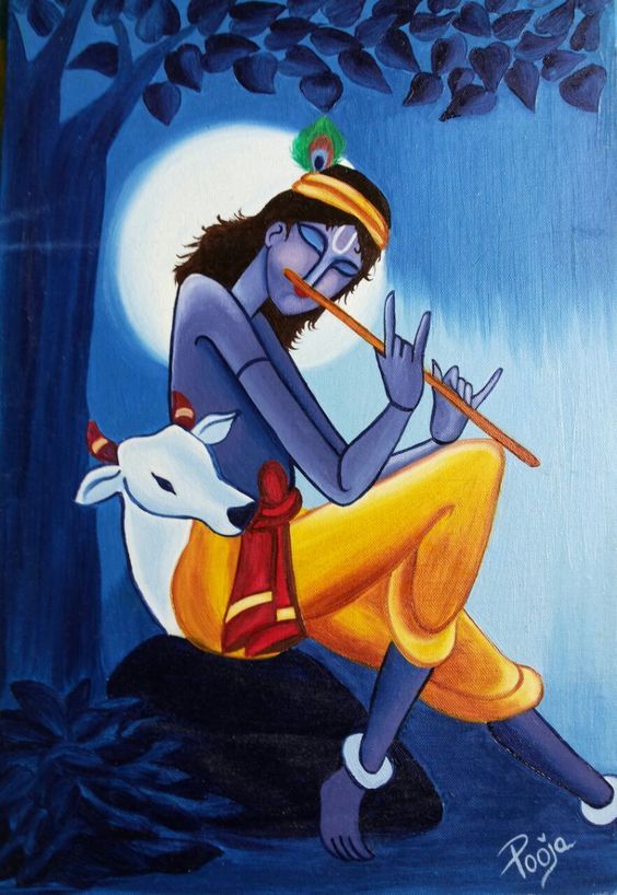 564x818 Pooja Painting Oil Painting On Canvas Krishna With Night - Krishna Painting On Canvas