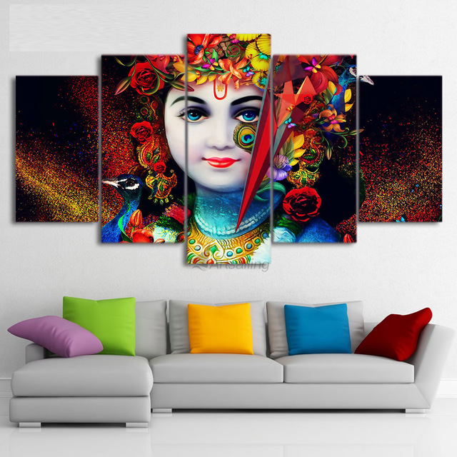 640x640 Hd Printed 5 Piece Canvas Art Indian God Radha Krishna Painting - Krishna Painting On Canvas