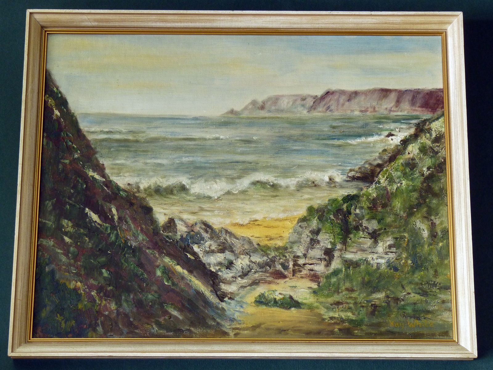 1600x1200 Vintage Original Signed Oil Painting Of Gara Rock By K. S. White - Ks Painting