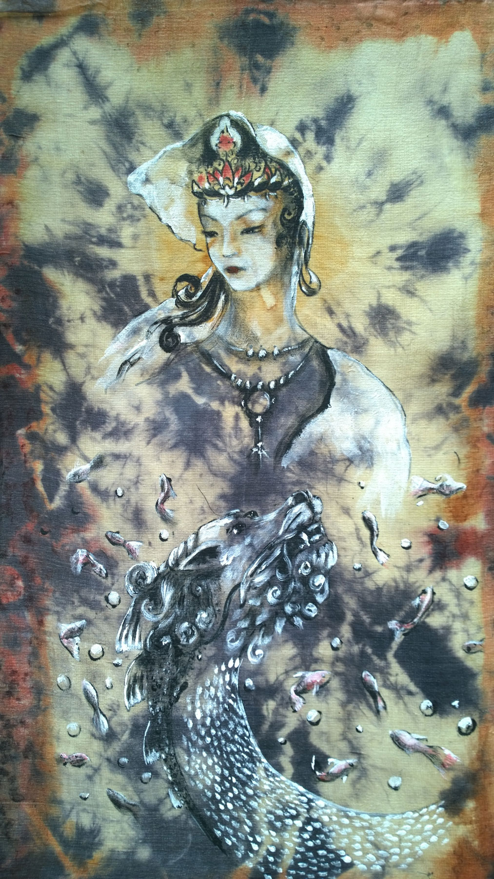 1013x1800 Kuan Yin, Dragon Amp Fish (Silk Original) - Kuan Yin Painting
